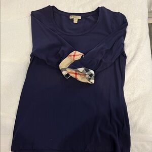 Burberry Dark Blue Long Sleeve Top with Plaid Cuffs